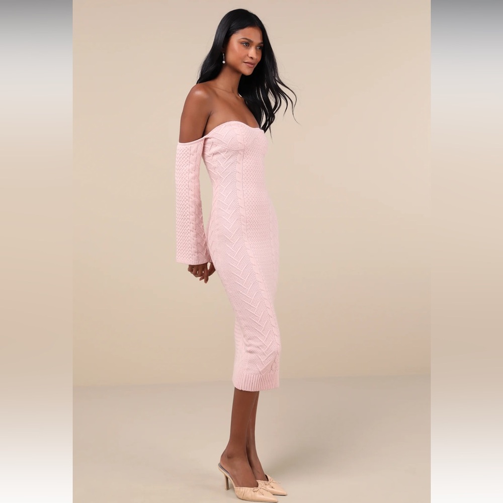 Cuddly Element Light Pink Cable Knit Off-the-Shoulder Midi Dress - Picture 4 of 5
